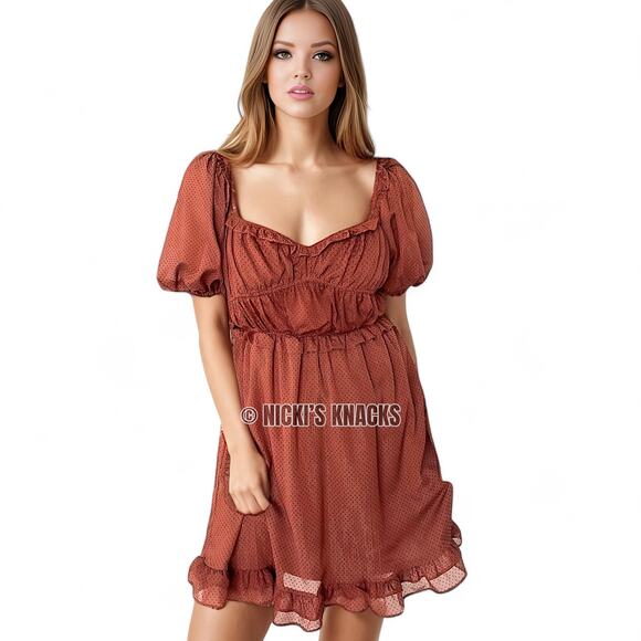 By The River Rust Polka Dot Mini Dress Puff Sleeve Ruffle Fit Flare Fall Size S - Picture 12 of 13